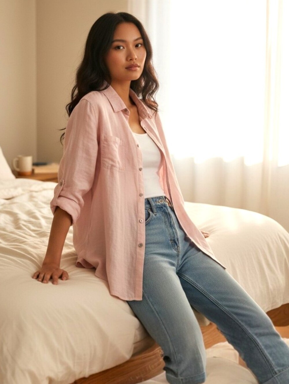 Chico's Pale Pink Button-down Linen-feel Blouse Roll-tab Sleeves Size 2/US 12/14